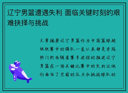 辽宁男篮遭遇失利 面临关键时刻的艰难抉择与挑战