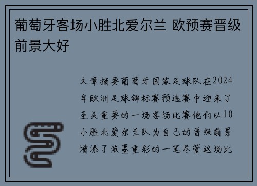 葡萄牙客场小胜北爱尔兰 欧预赛晋级前景大好