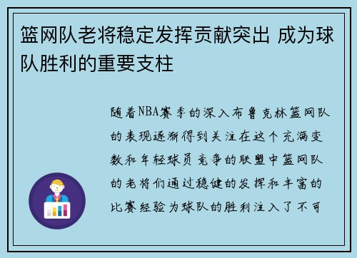 篮网队老将稳定发挥贡献突出 成为球队胜利的重要支柱