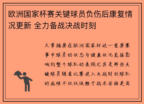 欧洲国家杯赛关键球员负伤后康复情况更新 全力备战决战时刻