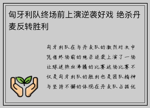 匈牙利队终场前上演逆袭好戏 绝杀丹麦反转胜利