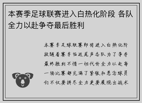 本赛季足球联赛进入白热化阶段 各队全力以赴争夺最后胜利
