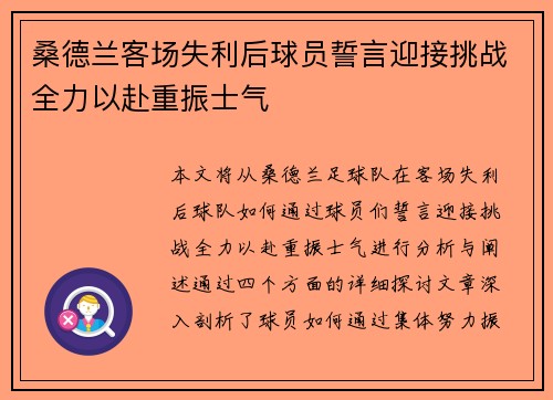 桑德兰客场失利后球员誓言迎接挑战全力以赴重振士气