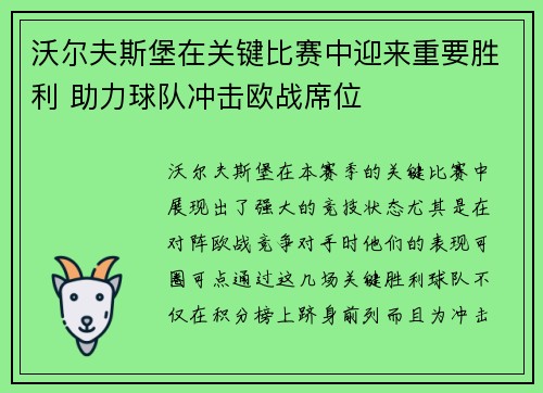 沃尔夫斯堡在关键比赛中迎来重要胜利 助力球队冲击欧战席位