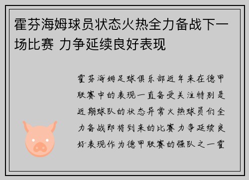 霍芬海姆球员状态火热全力备战下一场比赛 力争延续良好表现